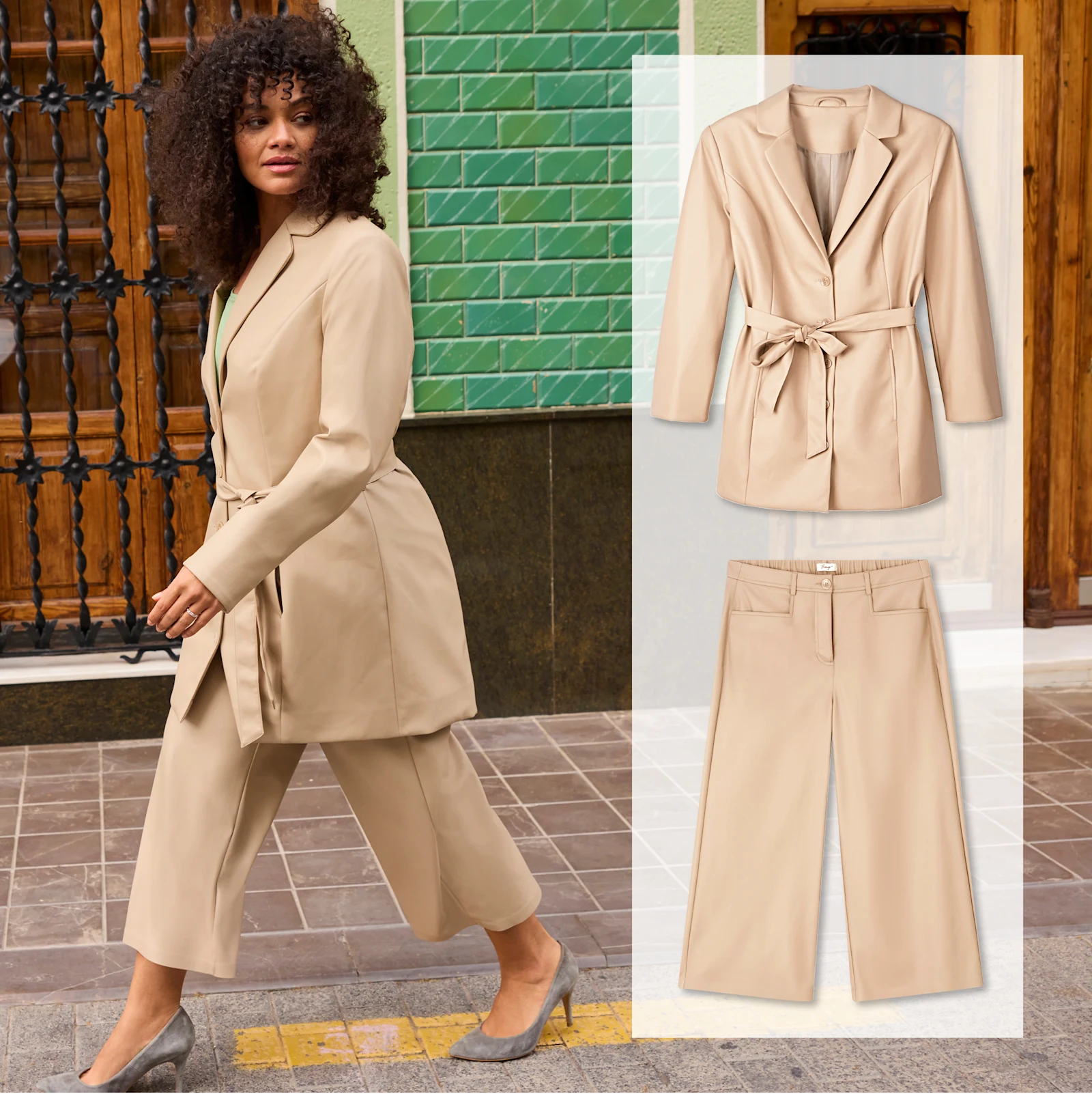 Model in sandfarbener Jacke im Trenchcoat-Style und gleichfarbiger weiter Hose