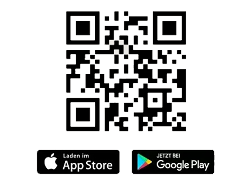 Eine Grafik mit einem QR Code um die App herunterzuladen
