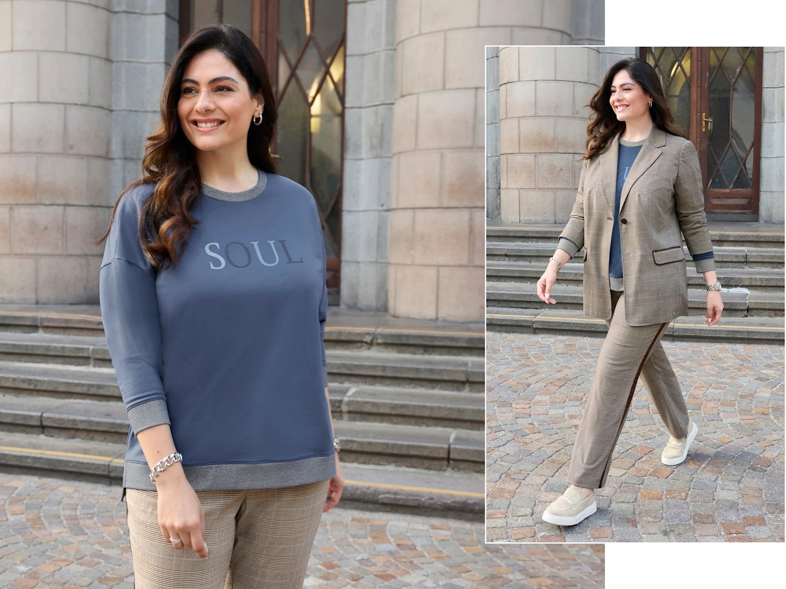 Ein Model trägt ein rauchblaues Sweatshirt mit Print, einen schoko-cognac-karierten Blazer und eine dazu passende Hose mit seitlichem Streifen