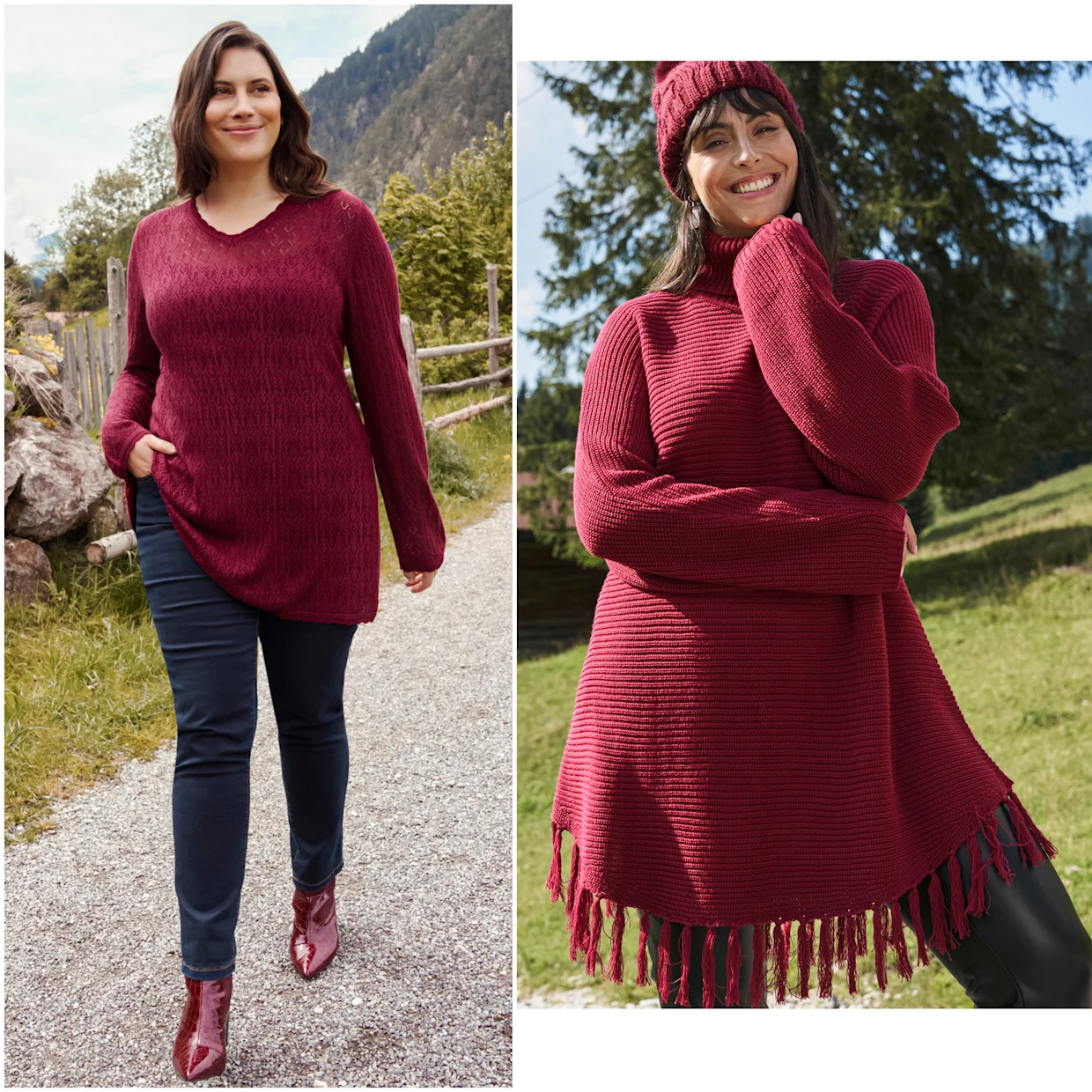 Zwei Models, links mit dunkelrotem Ajourpullover und Jeans, rechts mit dunkelrotem Strickpulli mit Fransensaum