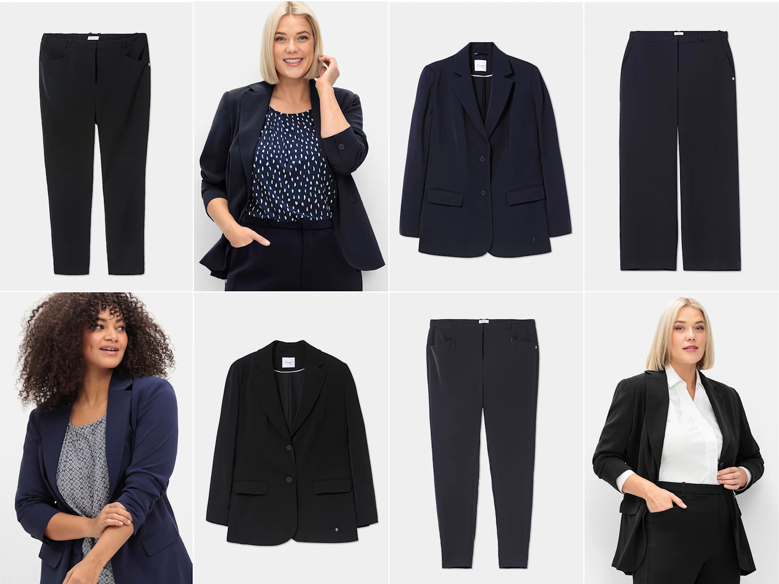 Die Abbildung zeigt auf mehreren Kacheln verschiedene Models mit blauem, bzw schwarzem Blazer in unterschiedlichen Längen, sowie weite und schmale Businesshosen, was die unterschiedlichen, vielseitigen Kombinationsmöglichkeiten darstellen soll. Die Abbildung zeigt auf mehreren Kacheln verschiedene Models mit blauem, bzw schwarzem Blazer in unterschiedlichen Längen, sowie weite und schmale Businesshosen, was die unterschiedlichen, vielseitigen Kombinationsmöglichkeiten darstellen soll.