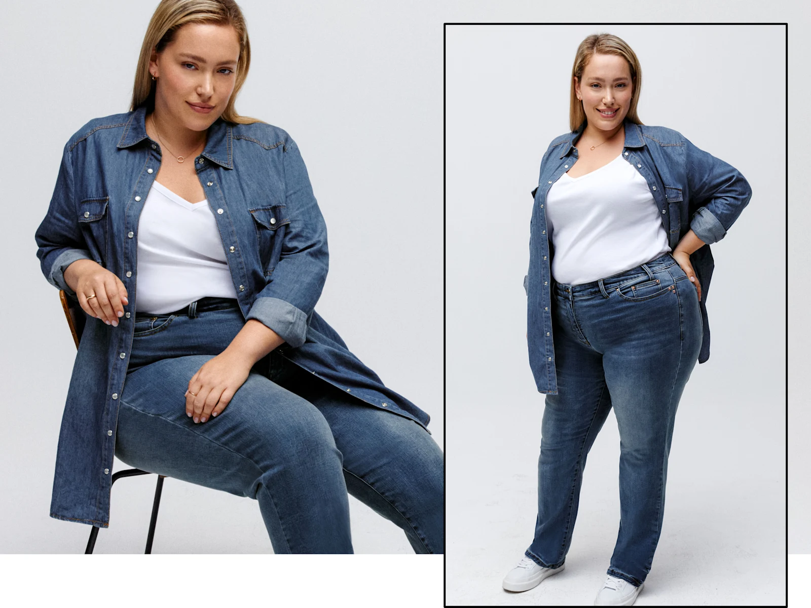 Frau sitzt mit einer figurformenden Jeans auf einem Stuhl | Andere Frau steht nebendran