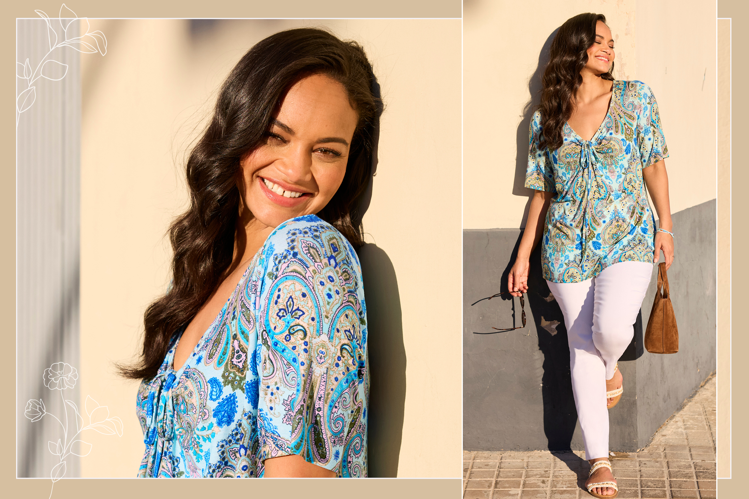 Ein Model trägt ein aquamarin-royalblau-gemustertes Shirt und eine weiße Stretch- Hose