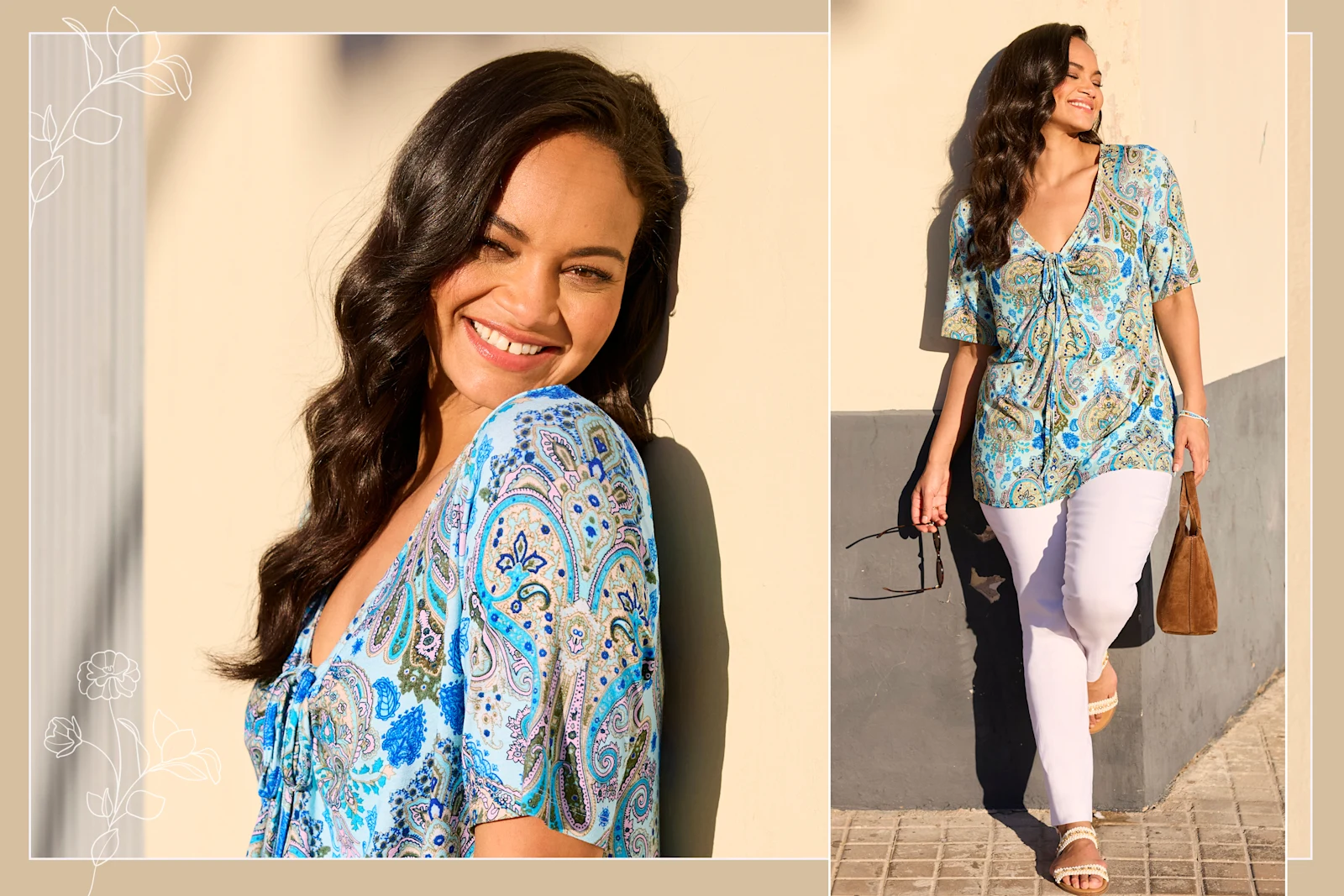 Ein Model trägt ein aquamarin-royalblau-gemustertes Shirt und eine weiße Stretch- Hose