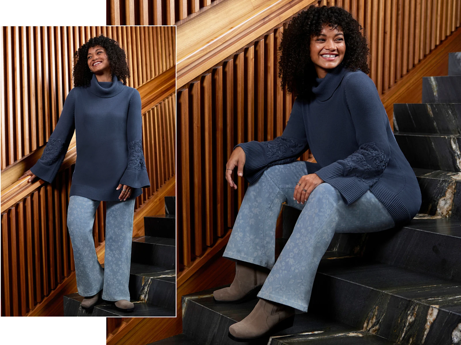 Ein Model trägt einen rauchblauen Rollkragenpullover mit Stickereien am Ärmel und eine blue bleached Bootcut-Jeans mit Laserprint-Blüten.