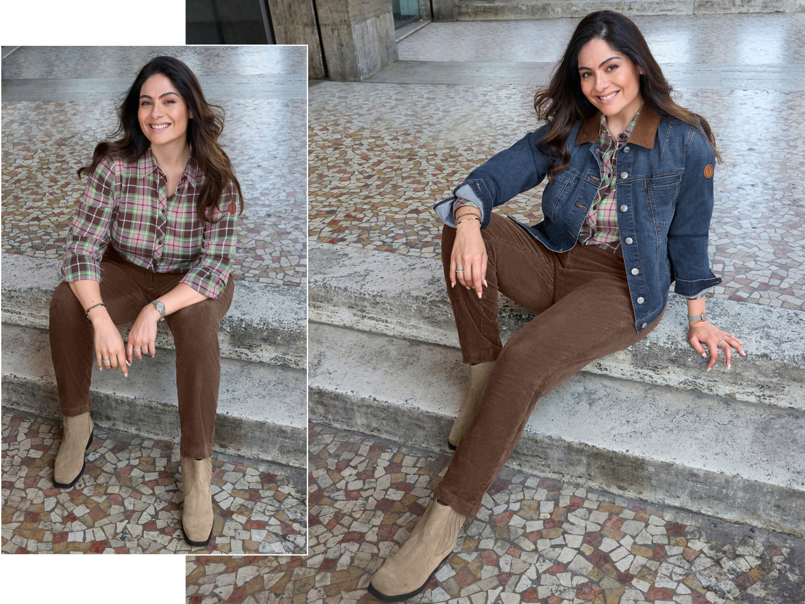 Ein Model trägt eine blue-stone-washed​ Jeansjacke​, eine schoko-hortensie-kariert​e Bluse und eine schoko​ farbene Cordhose