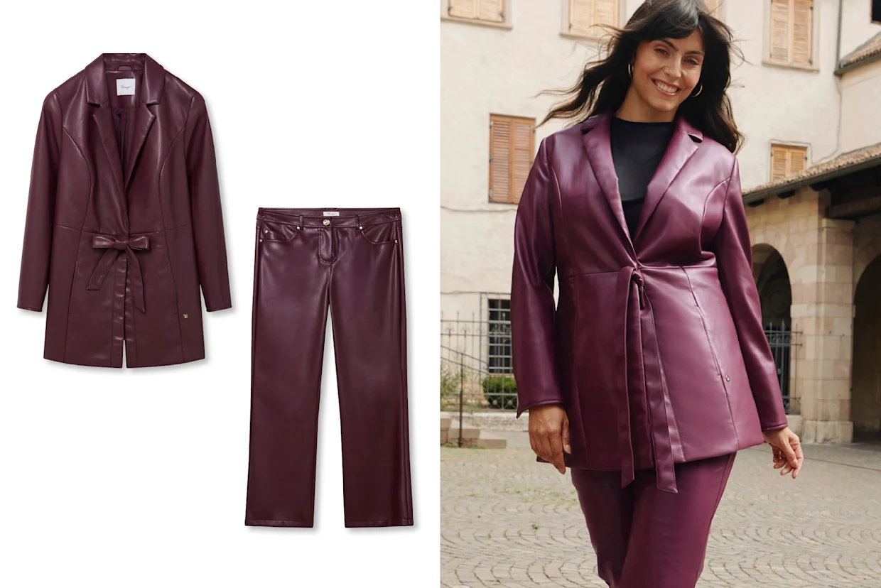 Model mit bordeauxfarbener Kunstlederjacke und gleichfarbiger Kunstlederhose Model mit bordeauxfarbener Kunstlederjacke und gleichfarbiger Kunstlederhose