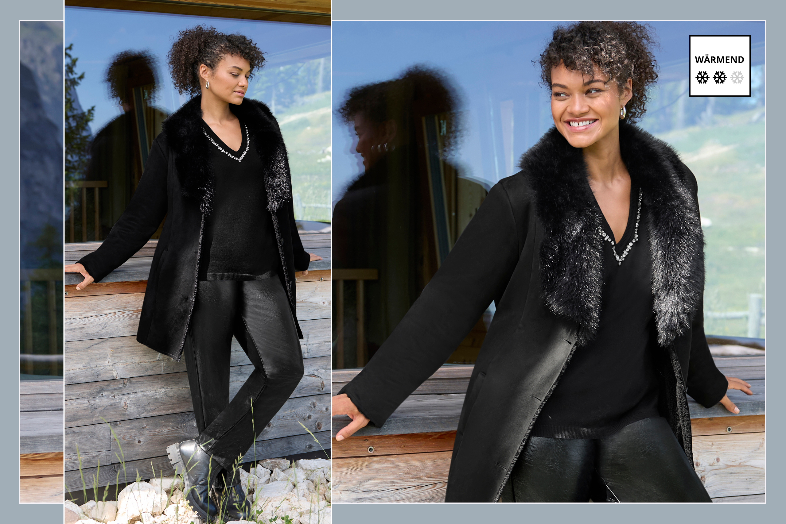 Ein Model trägt eine schwarze Jacke in Velourleder-Optik mit Kunstfell-Kragen, einen schwarzen Pullover mit Details am V-Ausschnitt und eine schwarze Lederimitat-Hose. Daneben eine Vignette mit 2 Schneeflocken: Wärmend.