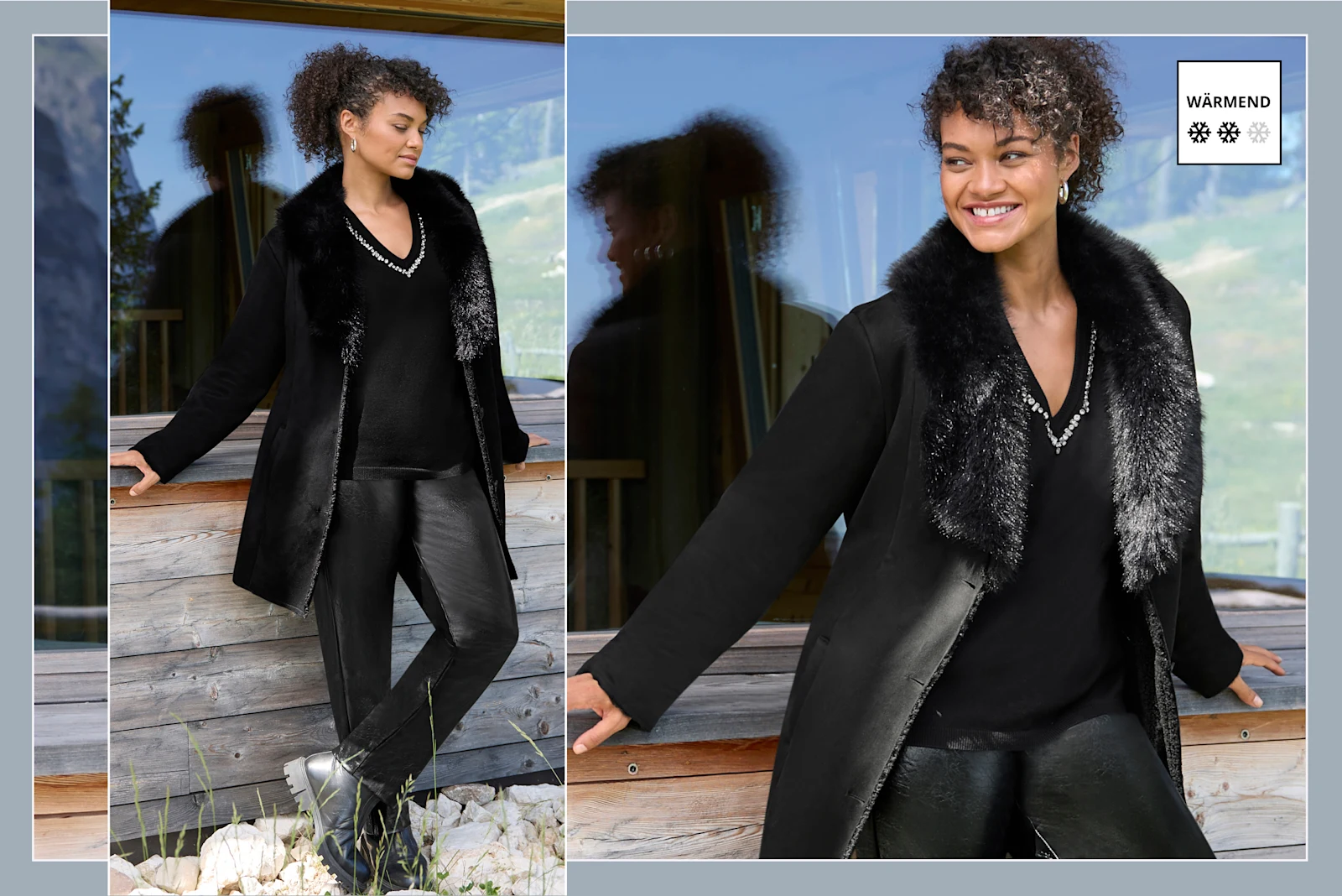 Ein Model trägt eine schwarze Jacke in Velourleder-Optik mit Kunstfell-Kragen, einen schwarzen Pullover mit Details am V-Ausschnitt und eine schwarze Lederimitat-Hose. Daneben eine Vignette mit 2 Schneeflocken: Wärmend.
