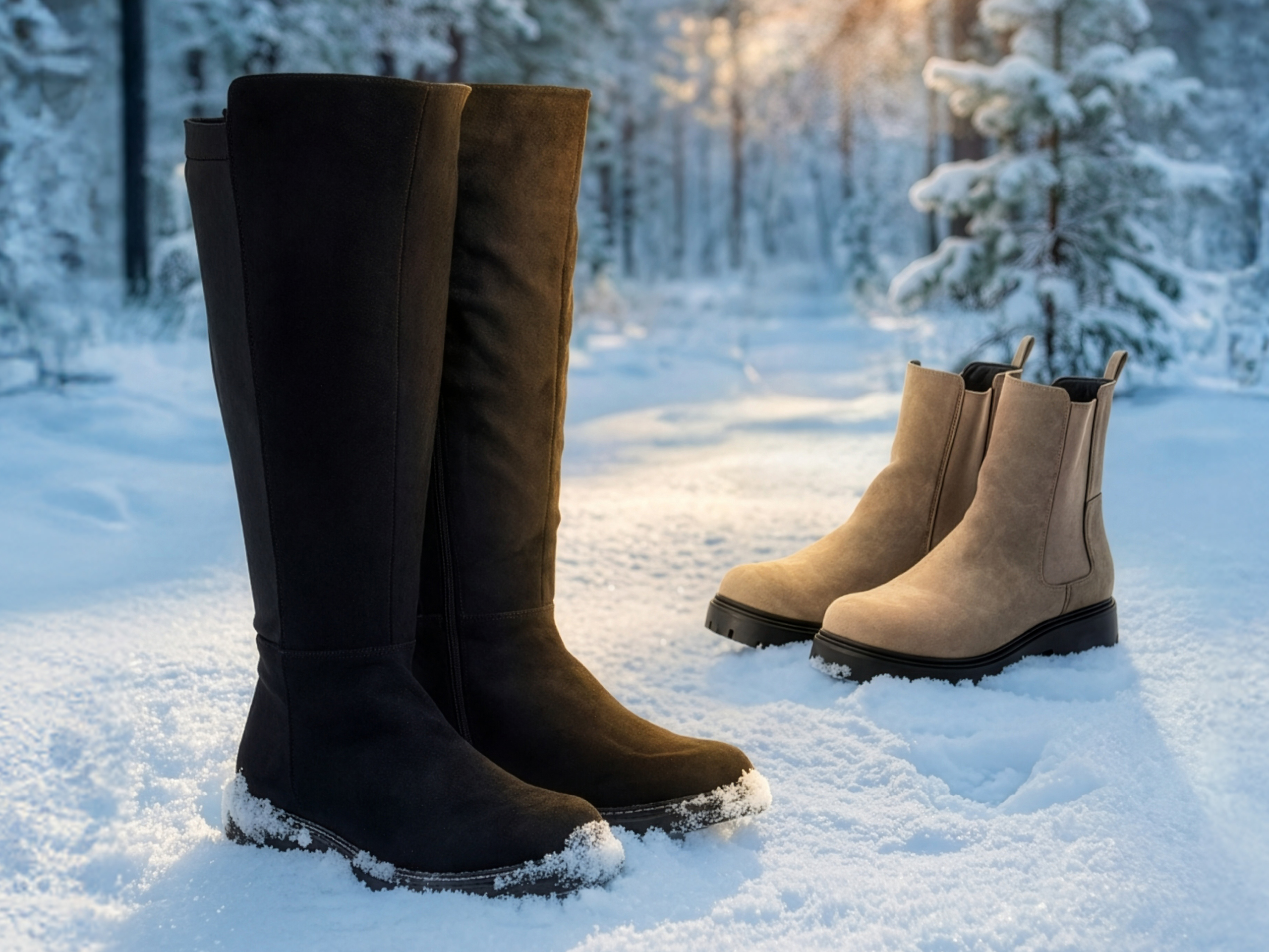 schwarze Weitschaftstiefel und hellbraune Boots in Schneelandschaft