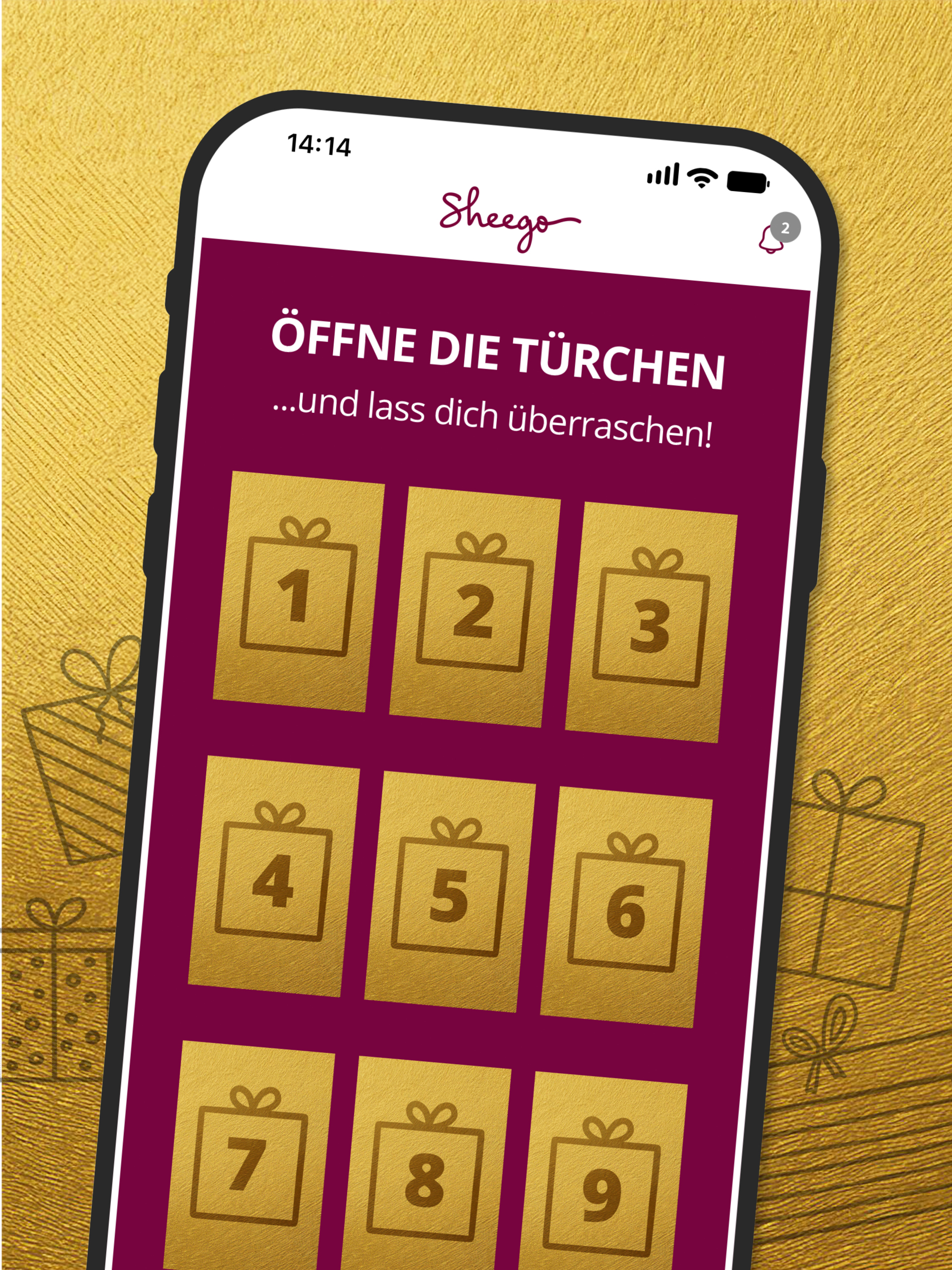 Goldener Werbebanner mit Smartphone mit nummerierten Adventskalendertürchen und Text: Öffne die Türchen und lass dich überraschen