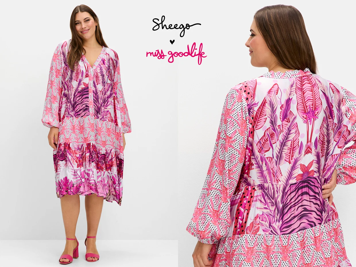 Model mit einem pink-lilafarbenen Kleider der Marke miss goodlife