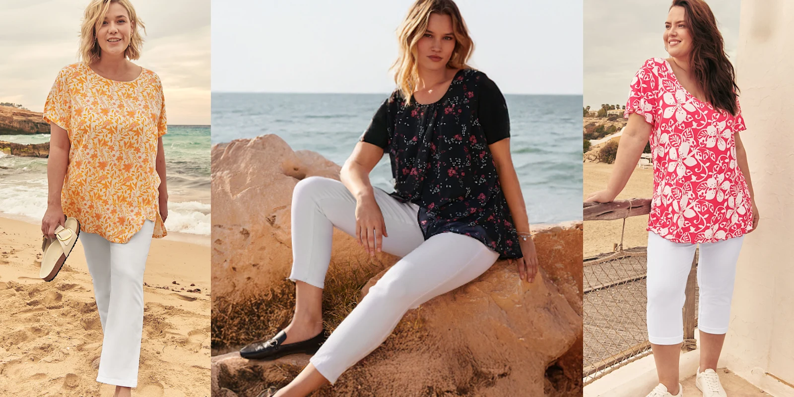 Bildcollage aus drei Models mit verschieden bedruckten Shirts und weißen Hosen