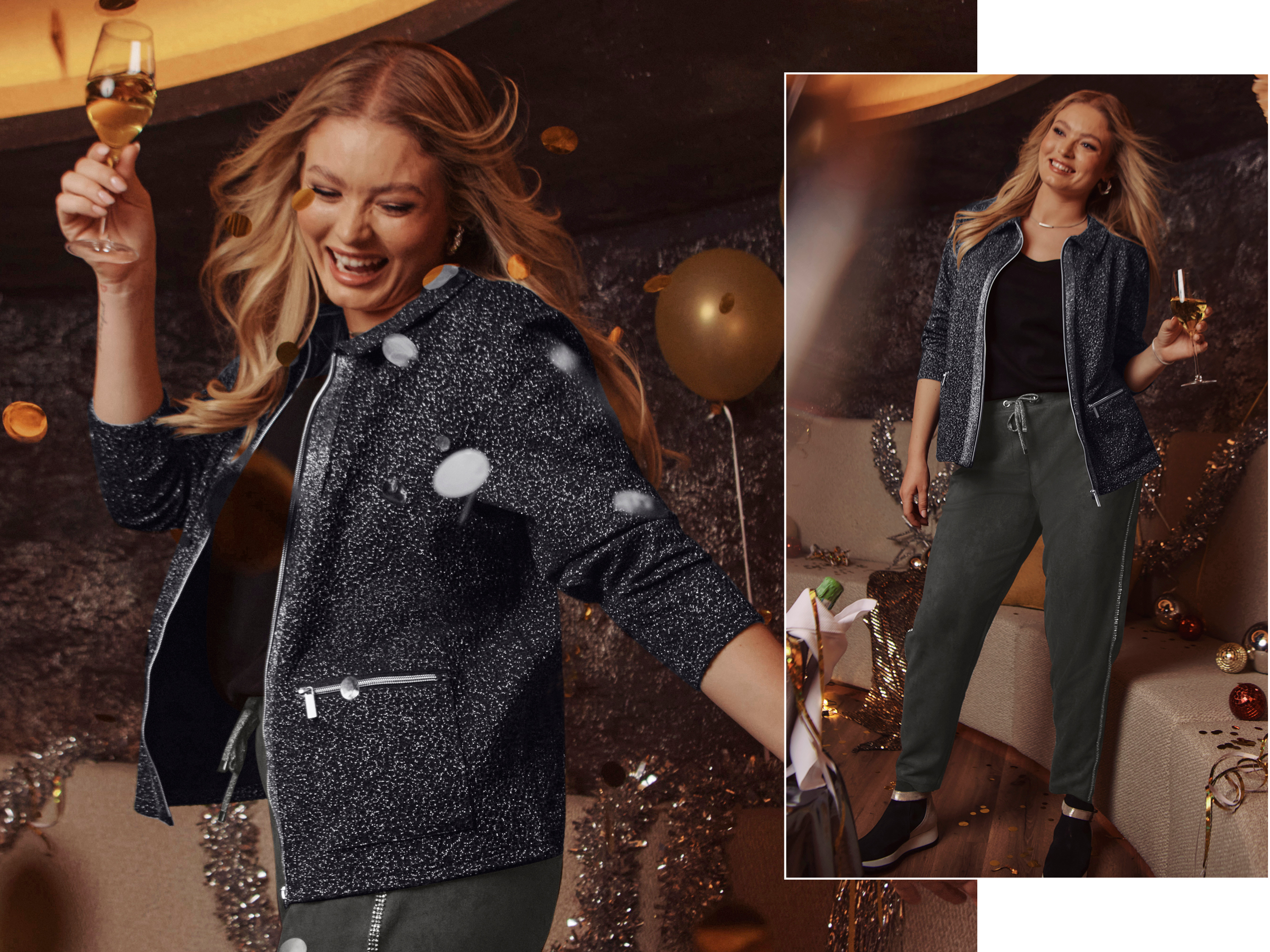 Ein Model in einer einer Party Umgebung. Sie trägt eine Sweatjacke mit Glanzgarn und eine Velourshose mit Strass-Streifen. 