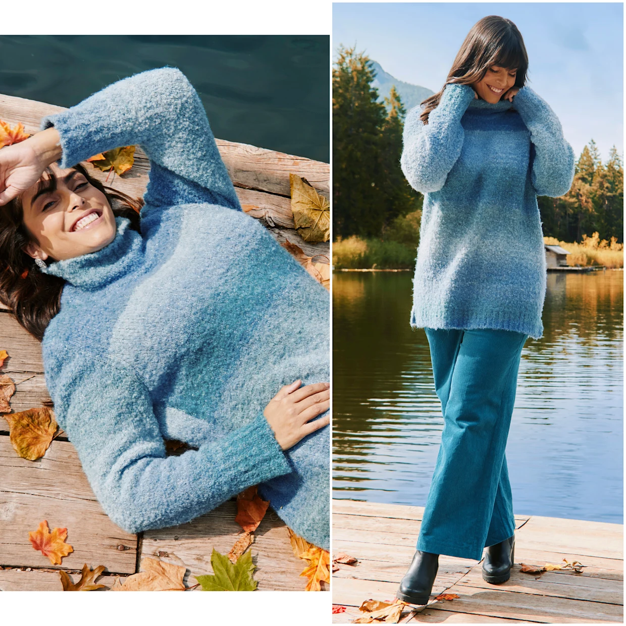 Model mit Pullover in Blau-Türkis Verlauf über türkisfarbener Cordhose mit weitem Bein