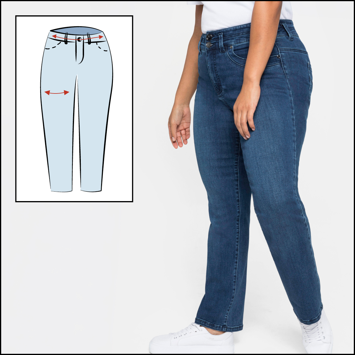 die Jeansform Manuela angezogen und als kleines Piktogramm, das den Schnitt zeigt