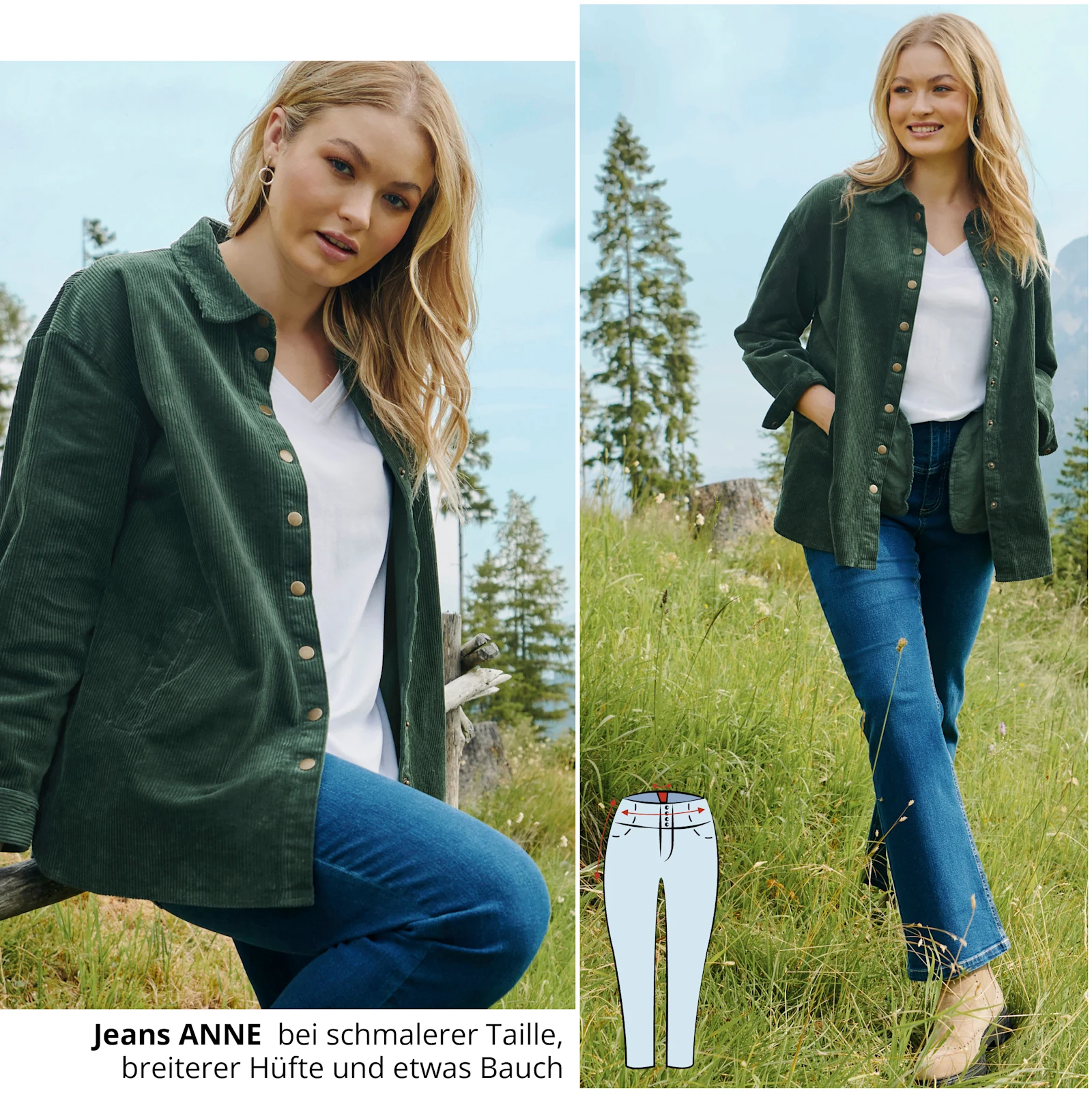 Model mit grünem Cordhemd über Jeans Anne, die perfekt bei schmalerer Taille, breiterer Hüfte und etwas Bauch passt Model mit grünem Cordhemd über Jeans Anne, die perfekt bei schmalerer Taille, breiterer Hüfte und etwas Bauch passt