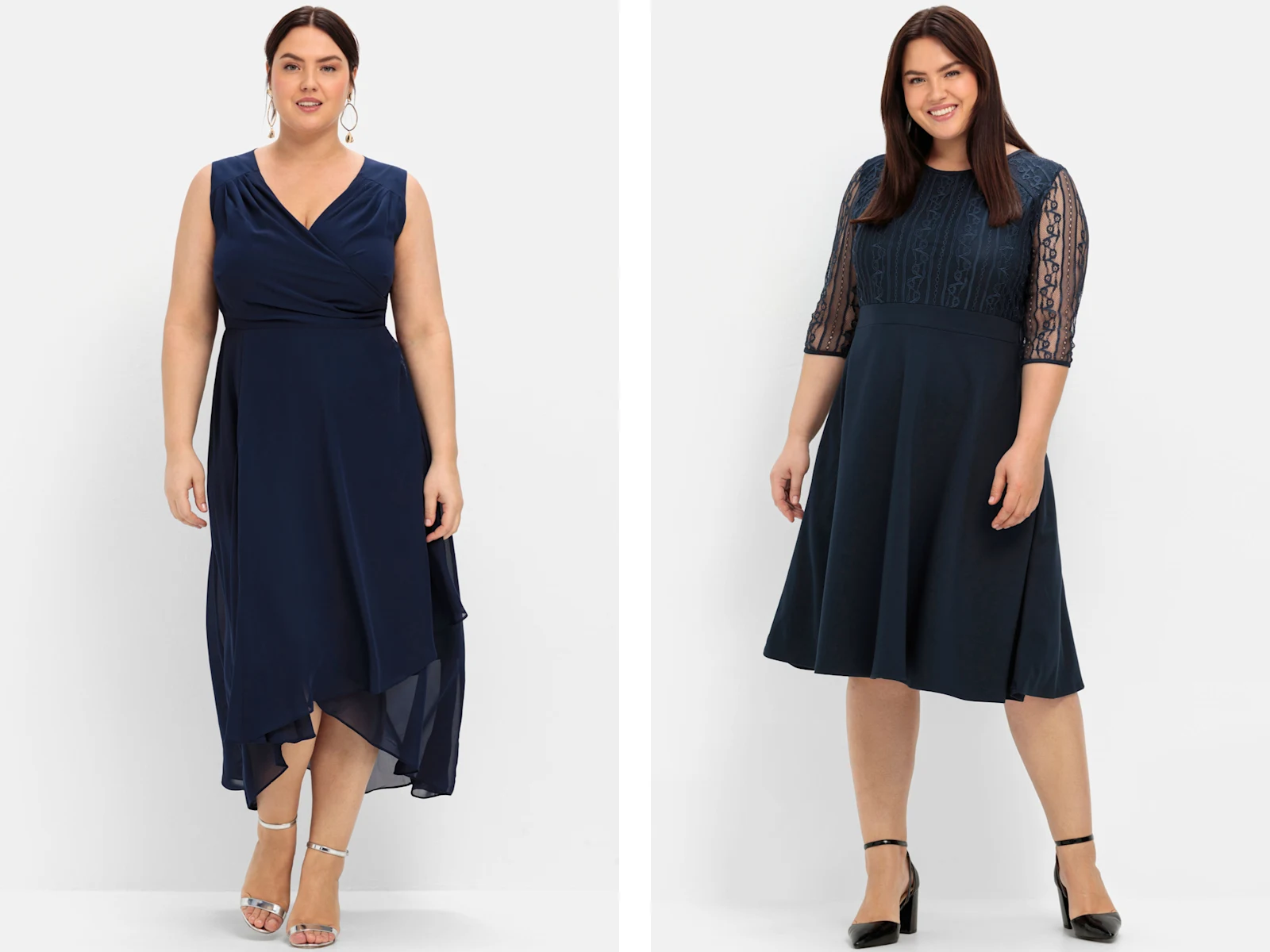 zwei Abendkleider nebeneinander, beide dunkelblau, links mit kurzen Ärmeln und wadenlang, rechts mit spitzenbesetzten Ärmeln und knielang zwei Abendkleider nebeneinander, beide dunkelblau, links mit kurzen Ärmeln und wadenlang, rechts mit spitzenbesetzten Ärmeln und knielang