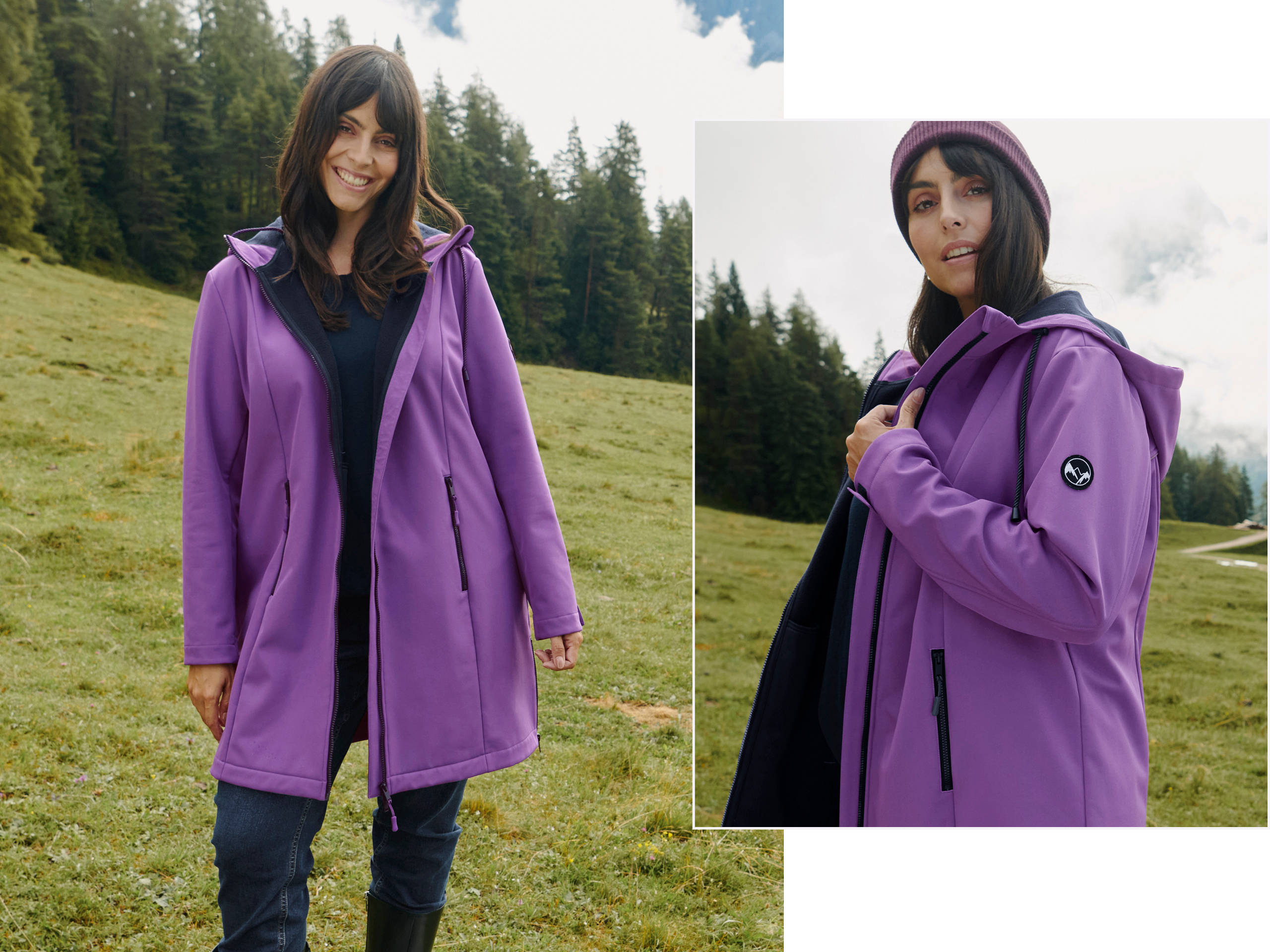 Zwei Abbildungen eines Models, sie sitzt auf einem Stein in einer grünen Wiese, trägt eine lila Softshelljacke, Mütze, Jeans und schwarze Stiefel.