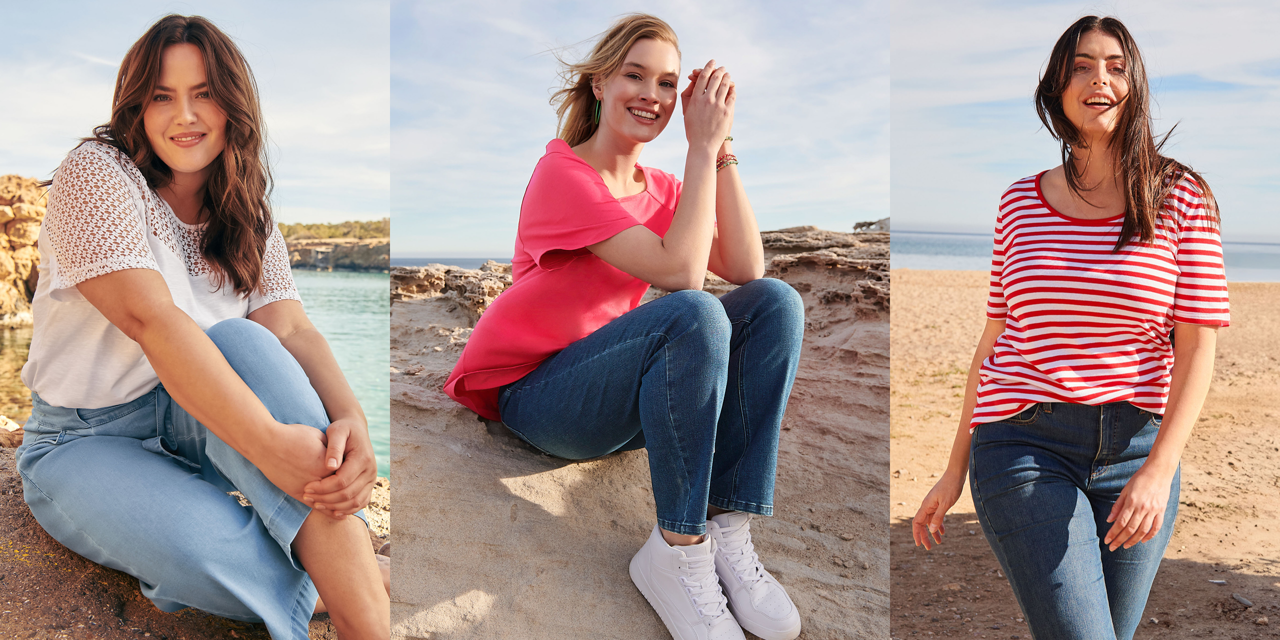 Bildcollage aus drei Models mit verschiedenfarbigen Shirts und jeweils Jeans dazu