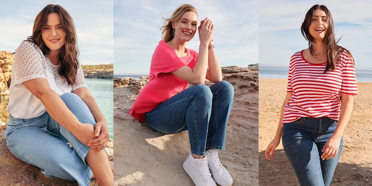 Bildcollage aus drei Models mit verschiedenfarbigen Shirts und jeweils Jeans dazu