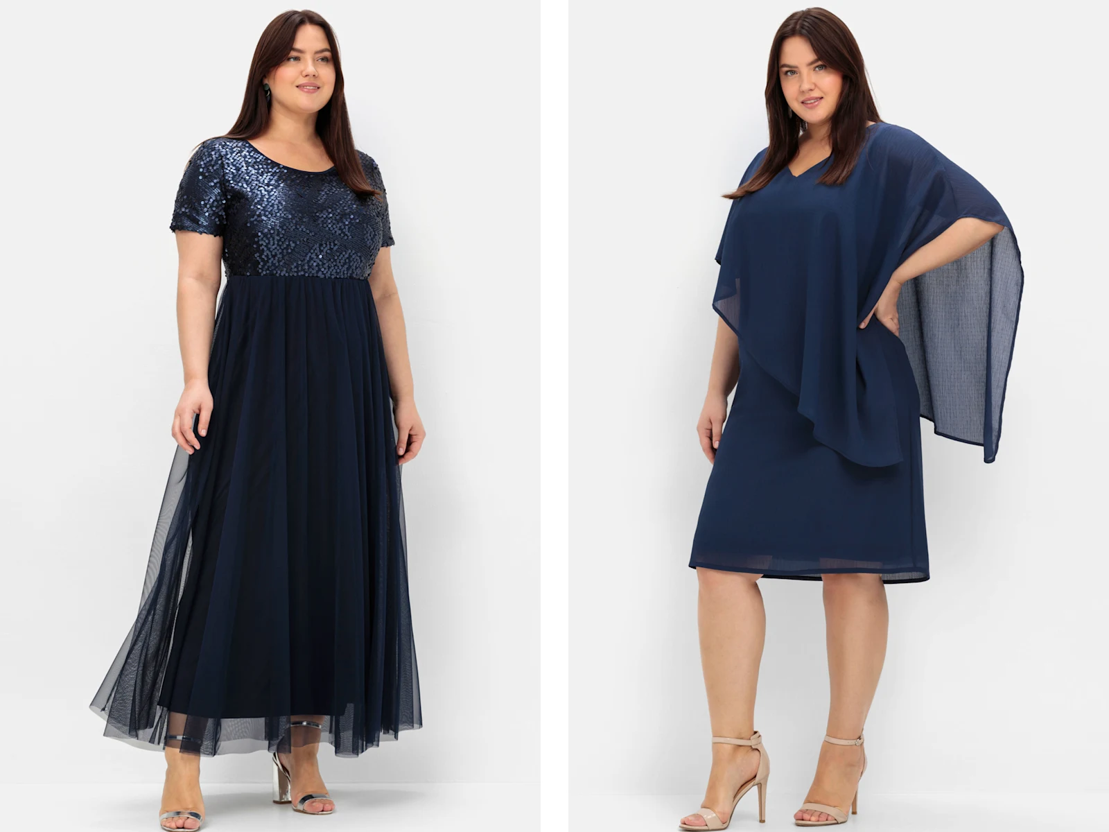 zwei Abendkleider, beide dunkelblau, links mit Paillettenoberteil und langem Chiffonrock, rechts kurzes Kleid mit Chiffon zwei Abendkleider, beide dunkelblau, links mit Paillettenoberteil und langem Chiffonrock, rechts kurzes Kleid mit Chiffon