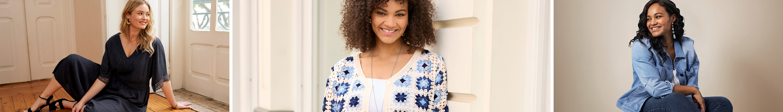 Werbebanner mit Model in blauweißer Patchwork Strickjacke