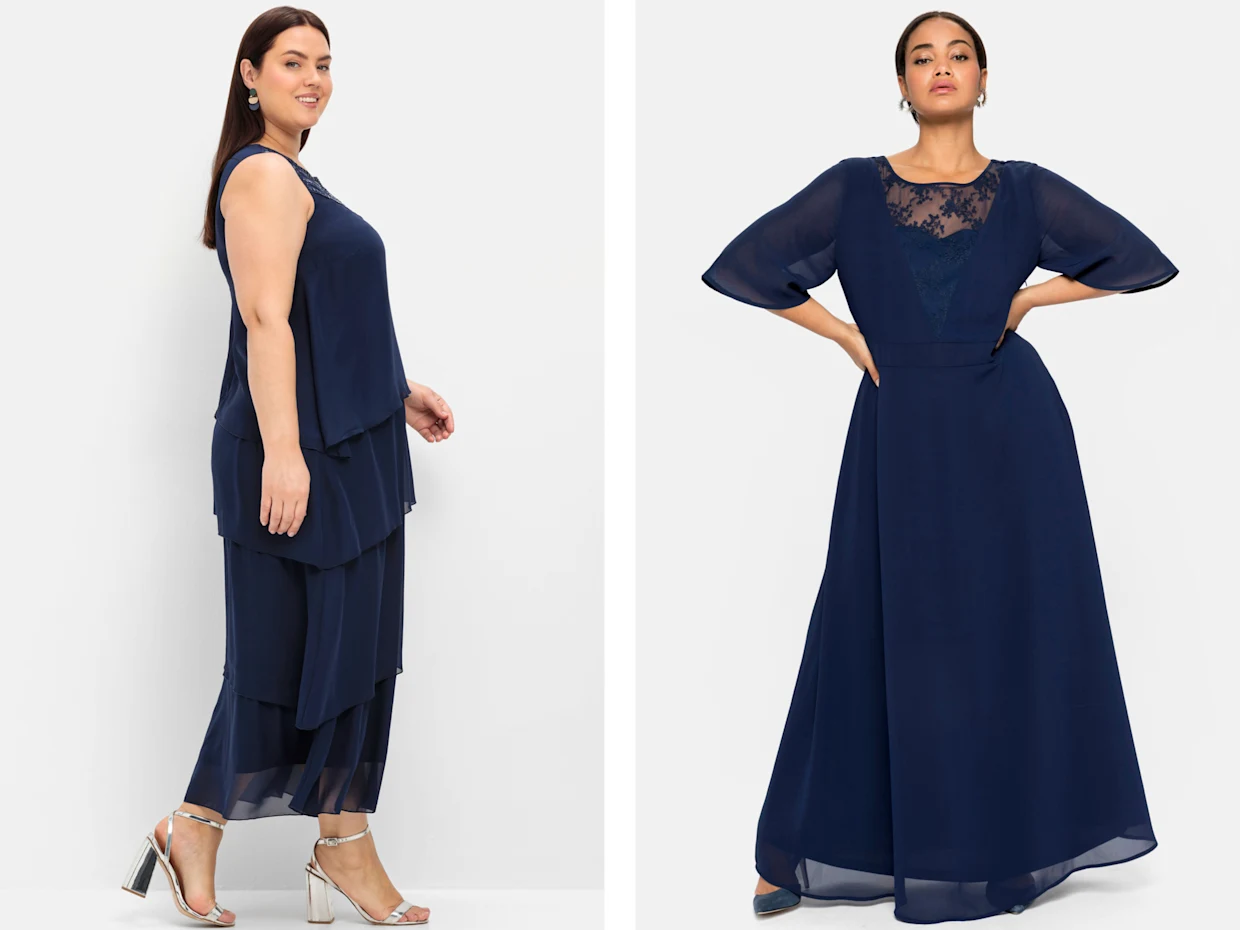 zwei lange Abendkleider nebeneinander, links mit kurzen Ärmeln und im Lagenlook, rechts mit langen Ärmeln und Spitze am Ausschnitt, beide Kleider mit Chiffon zwei lange Abendkleider nebeneinander, links mit kurzen Ärmeln und im Lagenlook, rechts mit langen Ärmeln und Spitze am Ausschnitt, beide Kleider mit Chiffon