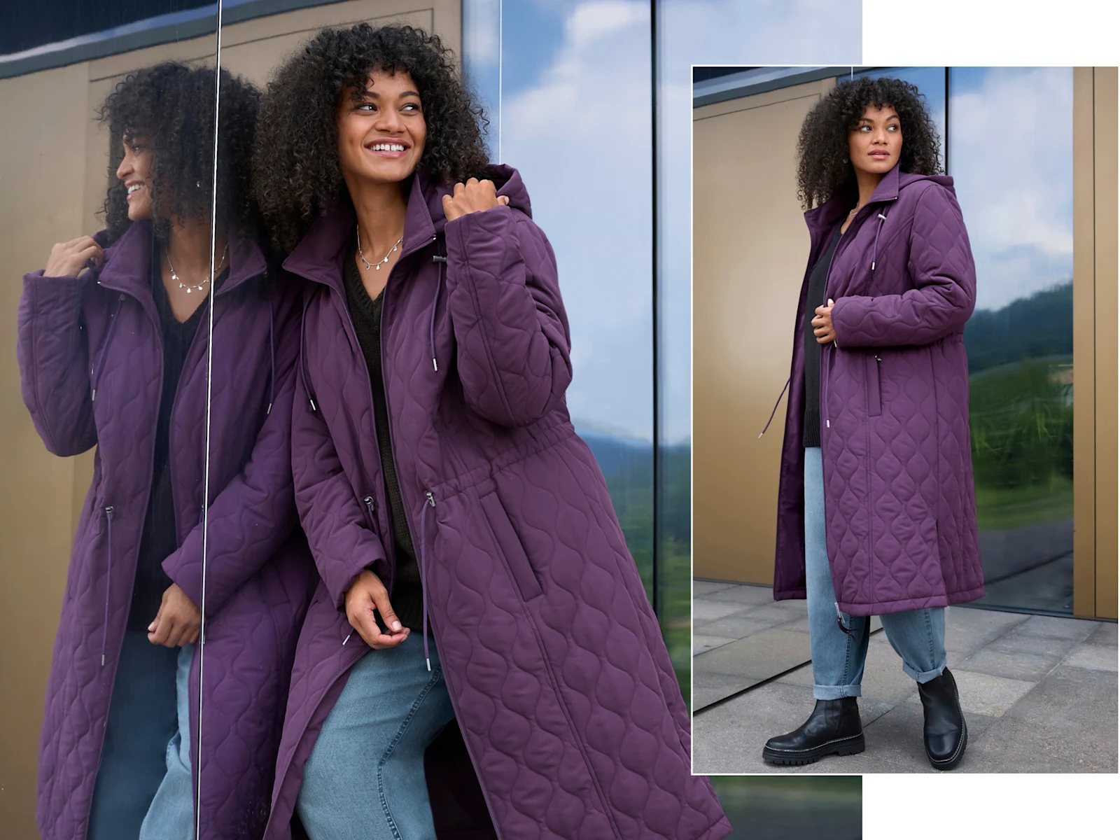 Ein Model trägt einen traube farbenen Steppmantel mit Tunnelzug in der Taille und eine blue-bleached Jeans