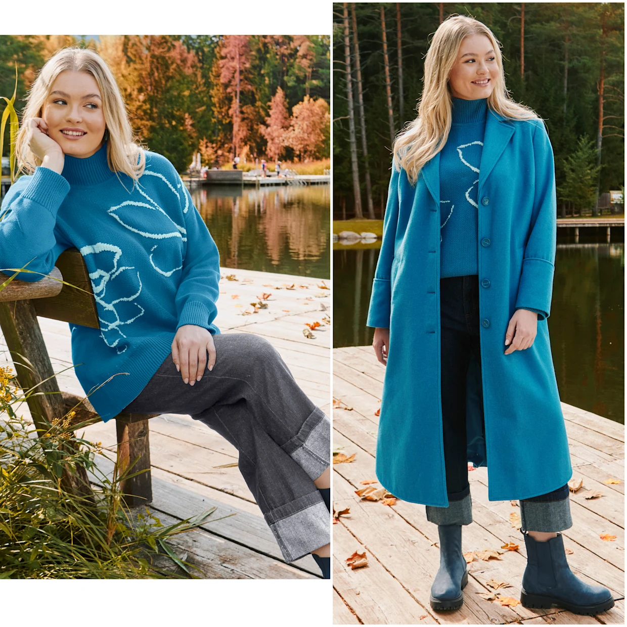 Model mit türkisfarbenem Mantel in Wolloptik über gleichfarbigem Pullover mit weißem floralen Intarsienmuster und grauer Jeans mit Umschlag Model mit türkisfarbenem Mantel in Wolloptik über gleichfarbigem Pullover mit weißem floralen Intarsienmuster und grauer Jeans mit Umschlag