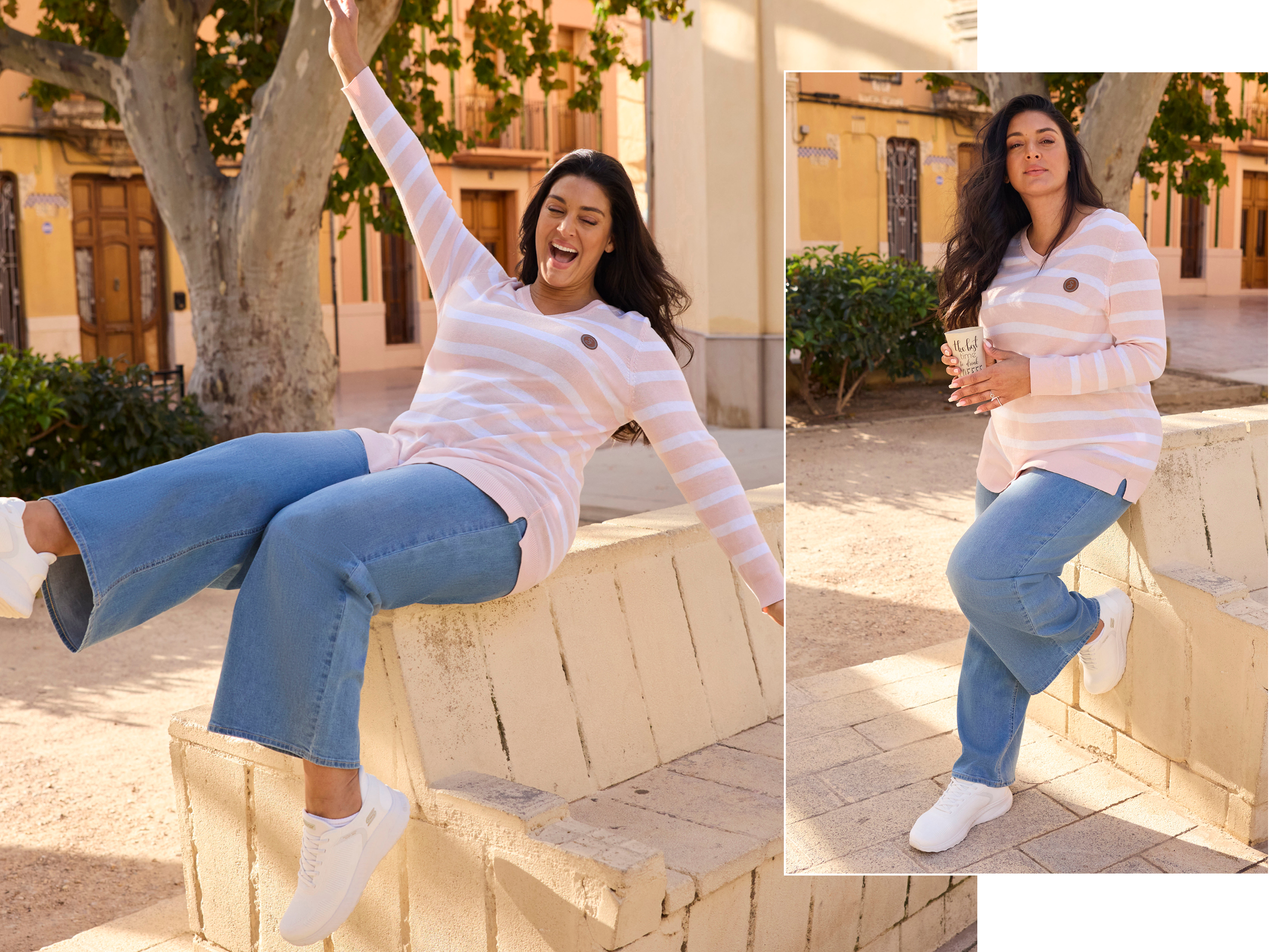 Ein Model in einer frühlingshaften City-Atmospäre, sie trägt einen hellrose-weiß-geringelten Pullover und eine blue-bleached Jeans der Schnittform ELLA