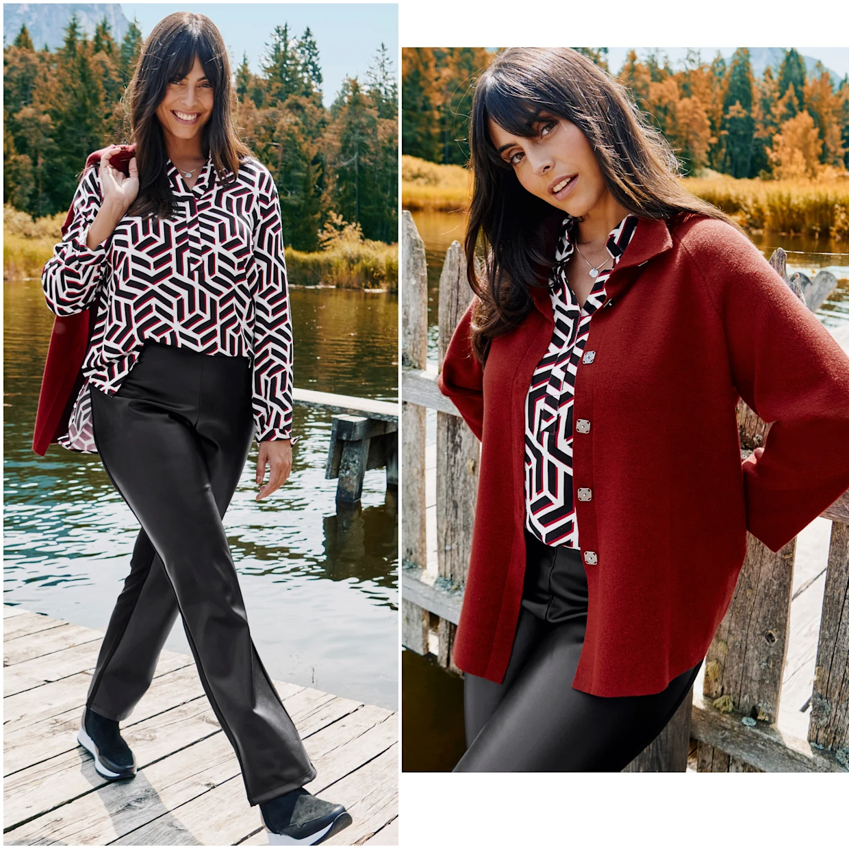 Model mit schwarz-weißer Tunika in Graphikmuster mit rostroter Kurzjacke und Kunstlederhose