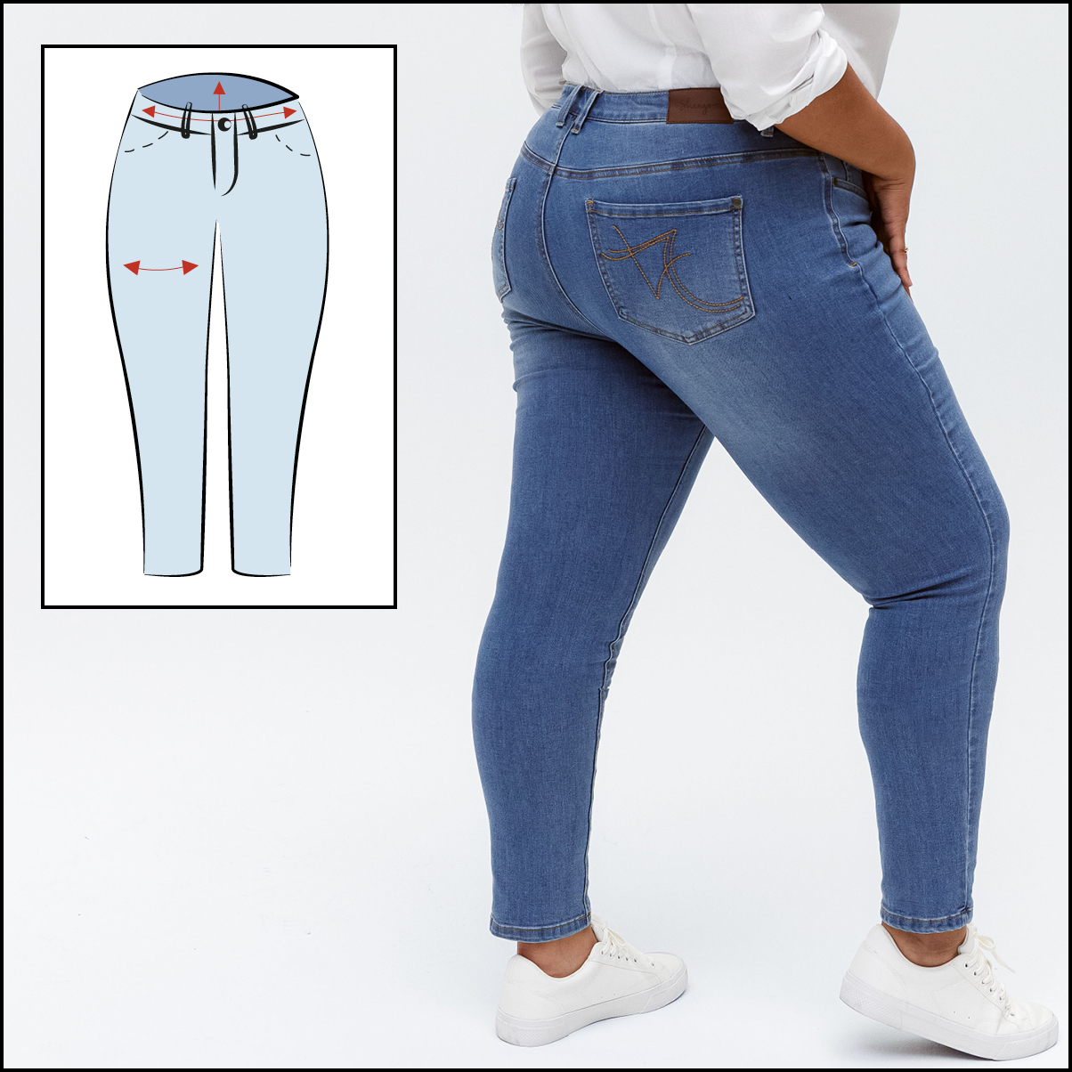 die Jeansform Verena angezogen und als kleines Piktogramm, das den Schnitt zeigt