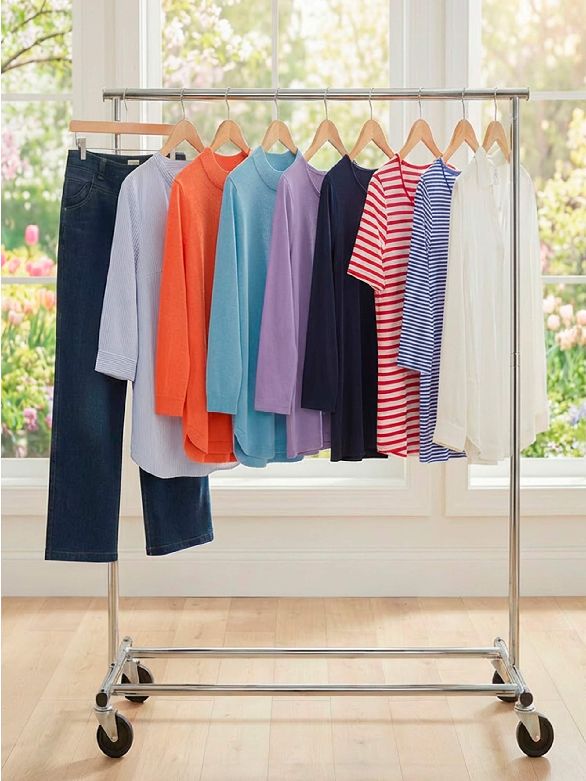 Ein Werbebanner zeigt einen Kleiderständer mit vielen Basic Kleidungsstücken