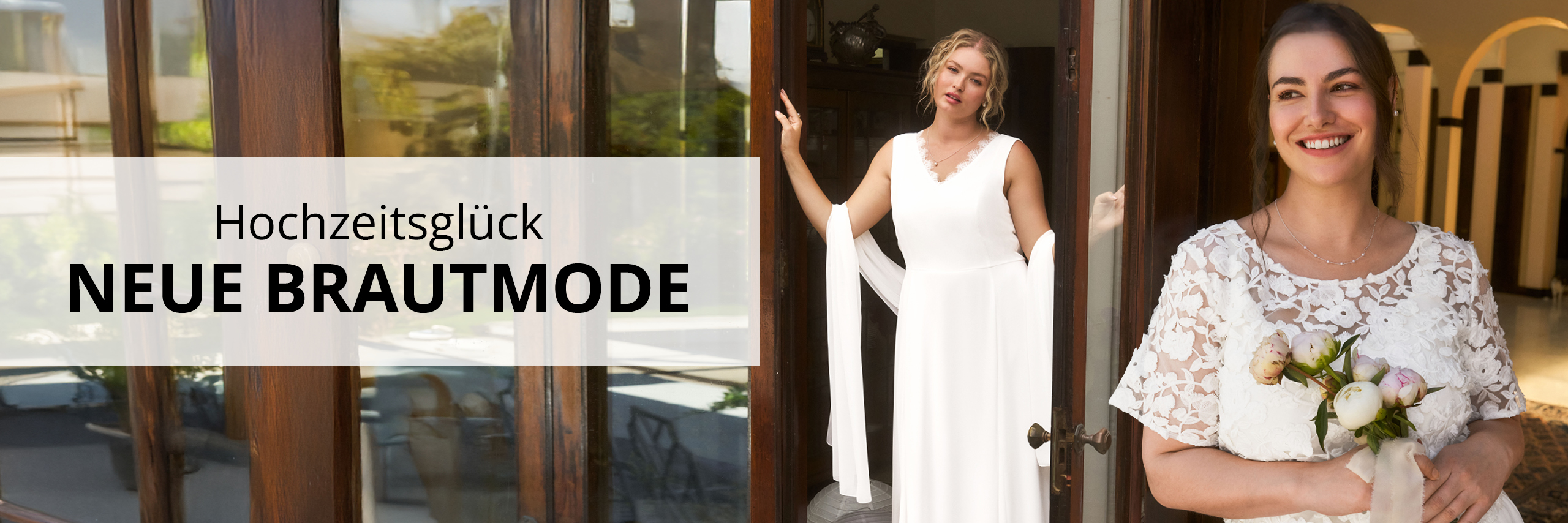 Die Abbildung zeigt eine Collage aus verschiedene Brautmoden-Styles, außerdem folgenden Text: Hochzeitsglück - neue Brautmode