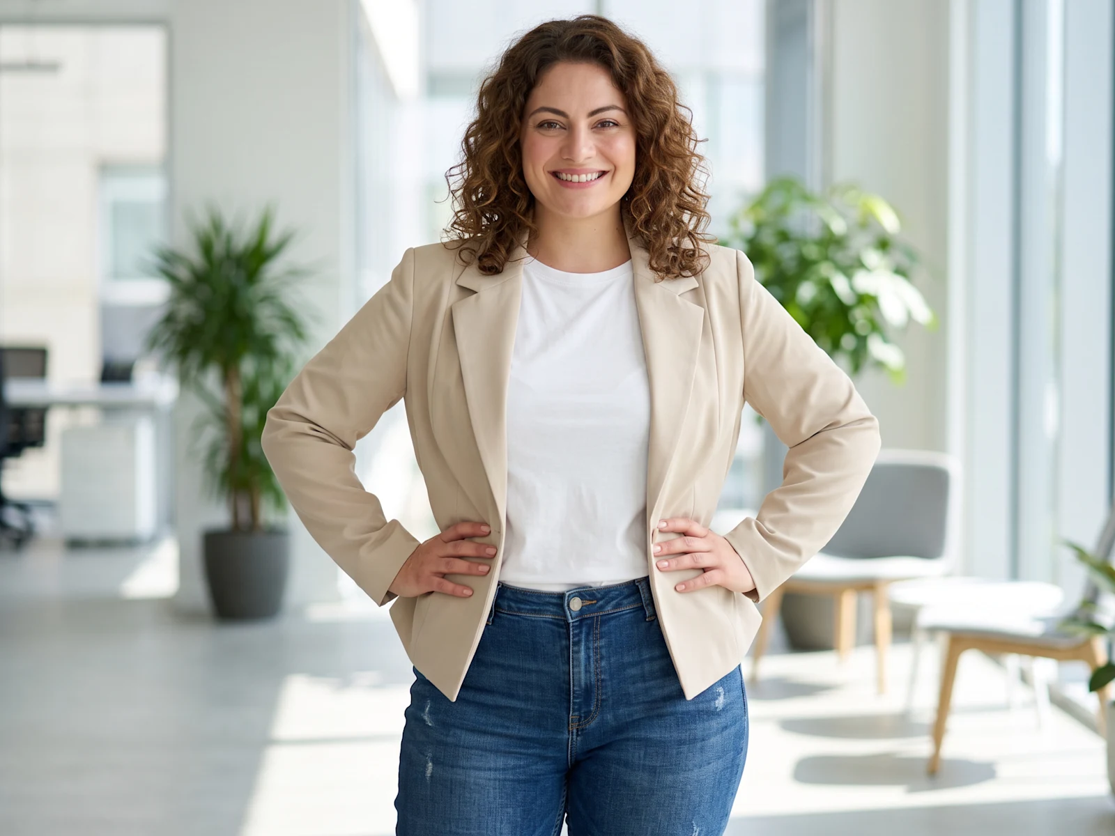 Werbebanner mit lächelnder Frau in sandfarbenem Blazer in einer Büro-Athmosphäre