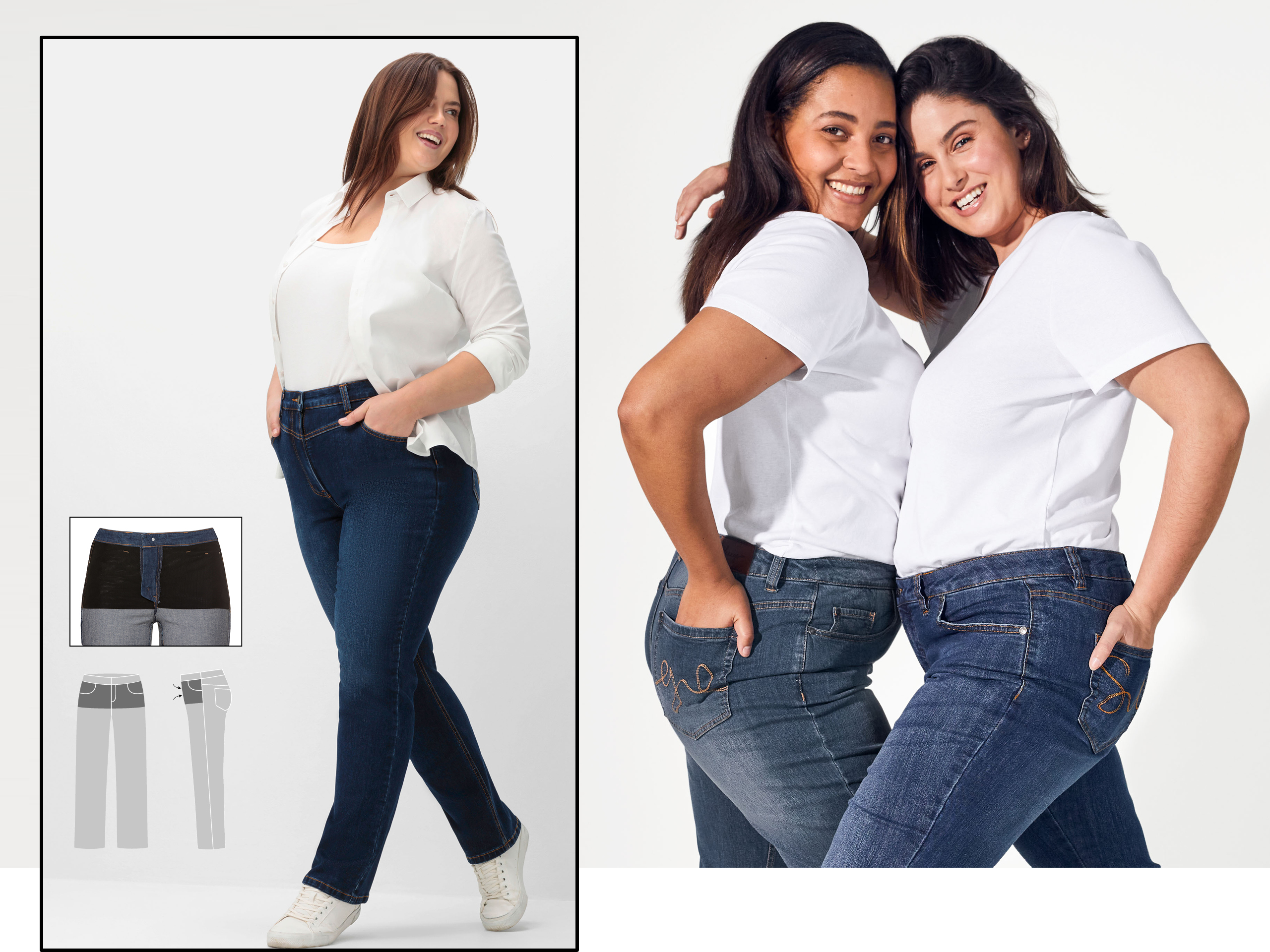 2 Bilder: 3 Frauen mit shaping Jeans. 2 davon umarmen sich. 