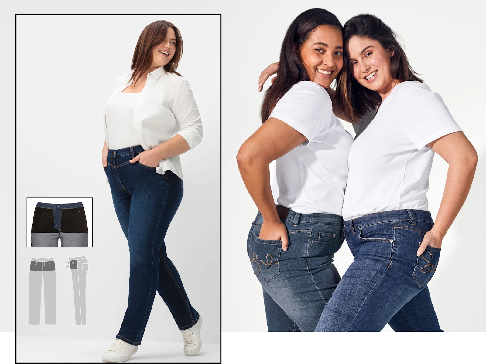 2 Bilder: 3 Frauen mit shaping Jeans. 2 davon umarmen sich.