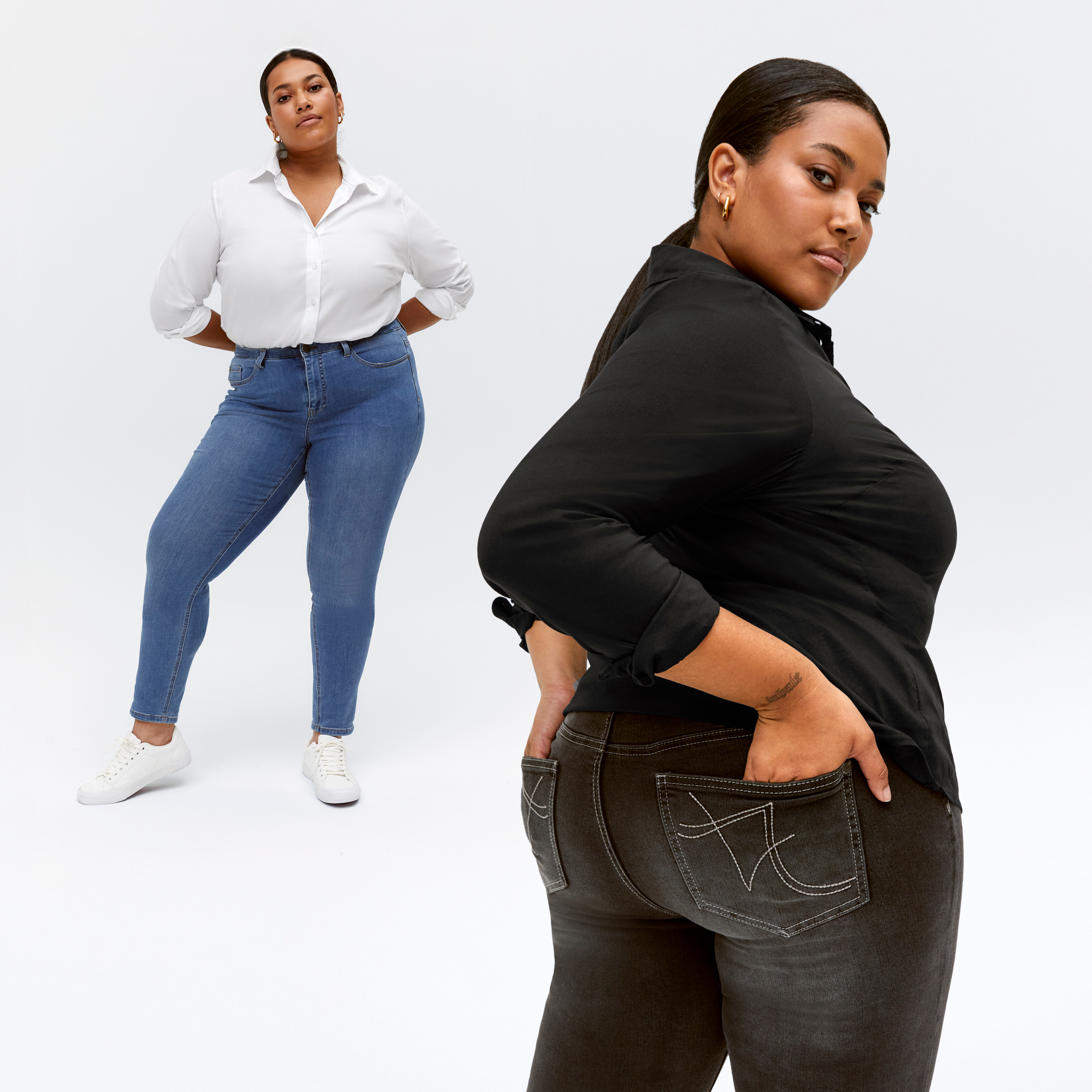 Werbebanner mit zwei Models, eins in weißer Bluse und blauer Jeans, eins in schwarzer Bluse und schwarzer Jeans aus der Passt-mir-Garantie