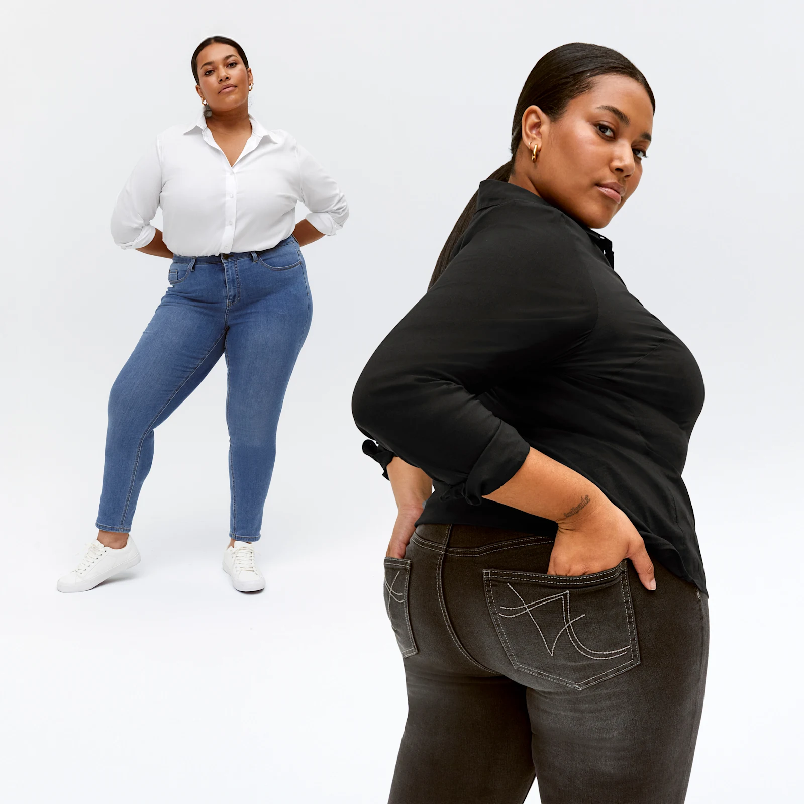 Werbebanner mit zwei Models, eins in weißer Bluse und blauer Jeans, eins in schwarzer Bluse und schwarzer Jeans aus der Passt-mir-Garantie Werbebanner mit zwei Models, eins in weißer Bluse und blauer Jeans, eins in schwarzer Bluse und schwarzer Jeans aus der Passt-mir-Garantie