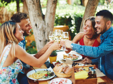 Group of friends happily cheersing glasses of white wine