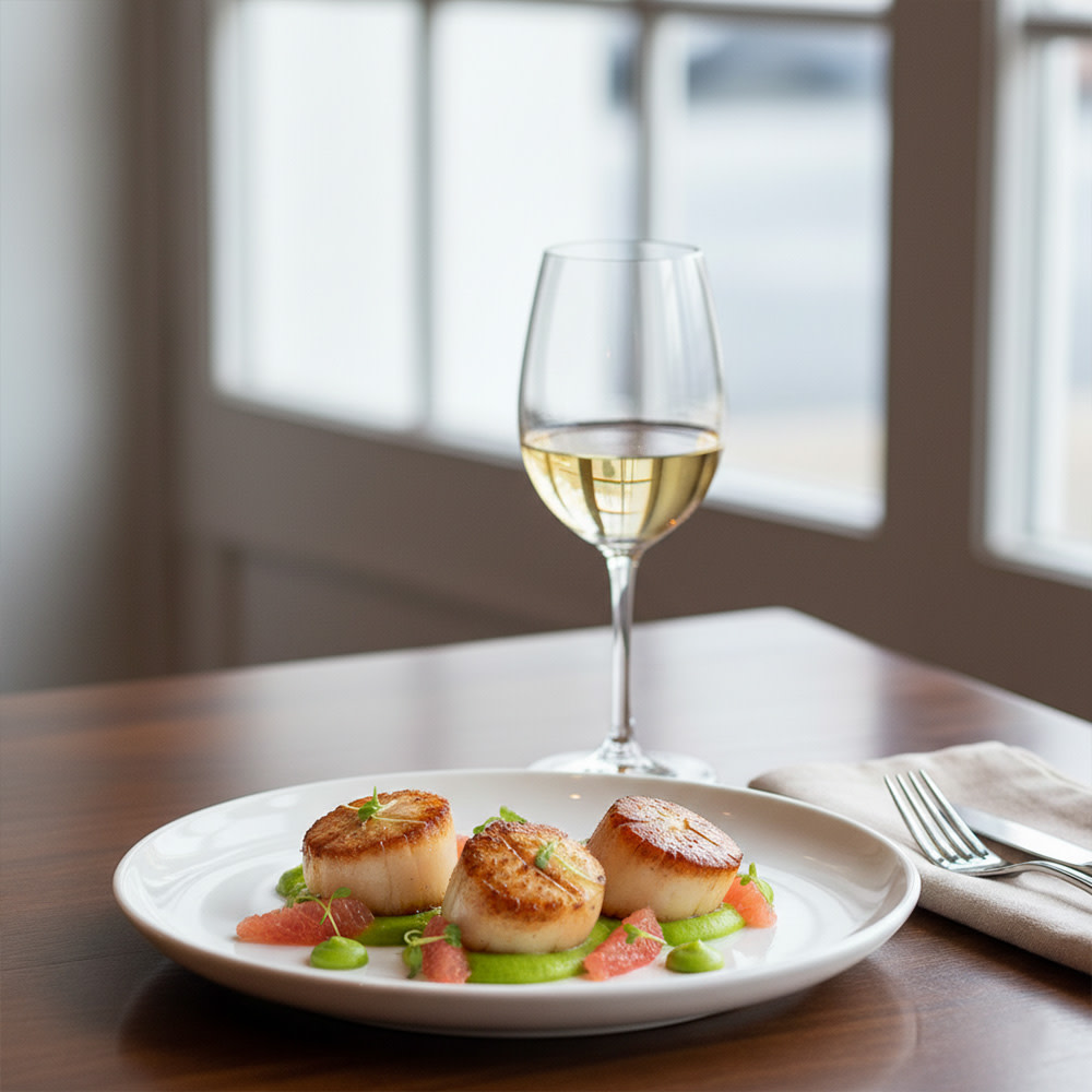 a glass of riesling wine with a plate of seared scallops