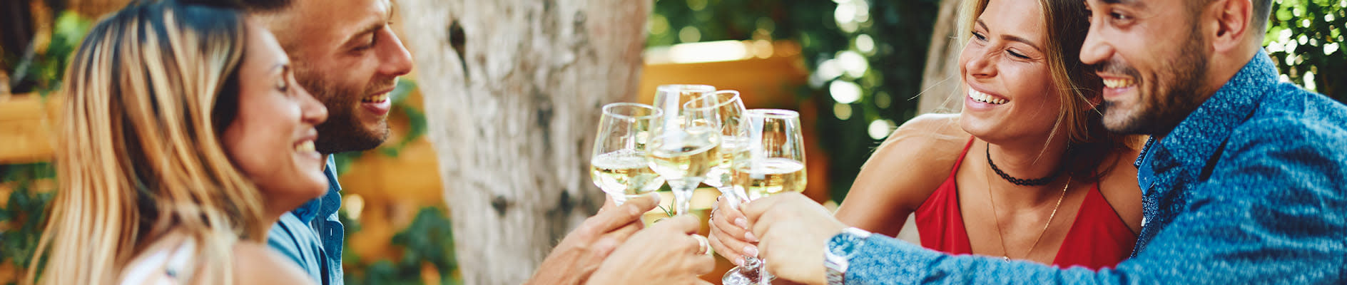 Group of friends happily cheersing glasses of white wine