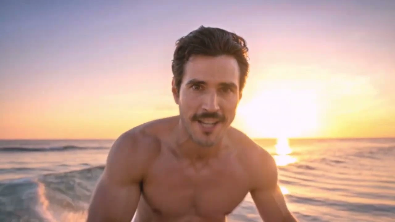 Uomo sorridente a torso nudo in spiaggia al tramonto, con cielo rosa-arancione e mare sullo sfondo.