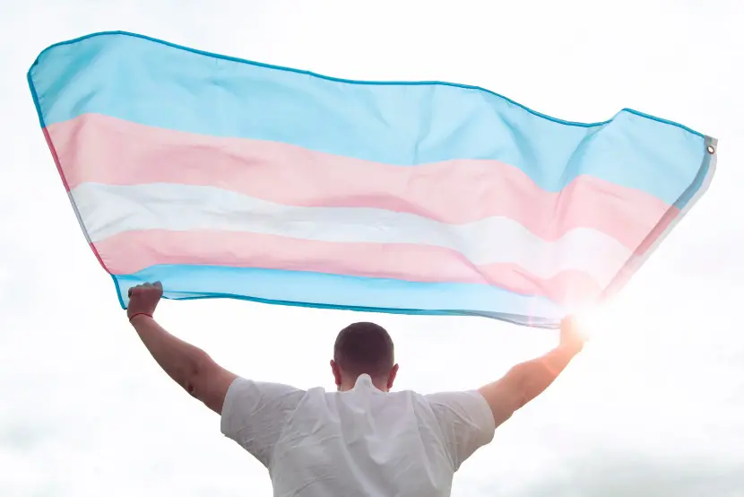 TDOR: Una persona transgender alza in aria la bandiera con i colori celeste, rosa e bianco, rappresentativi delle identità transgender della comunità LGBTQI+.