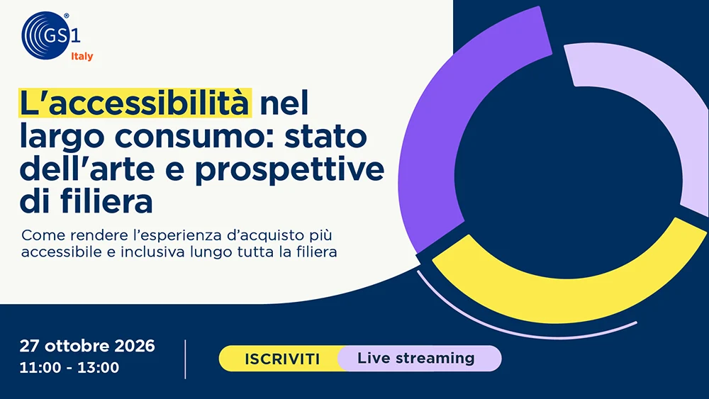 GS1 Italy: L’accessibilità nel largo consumo: stato dell’arte e prospettive di filiera. Come rendere l’esperienza d’acquisto più accessibile e inclusiva lungo tutta la filiera. 27 ottobre 2026, 11:00–13:00. Iscriviti, live streaming.