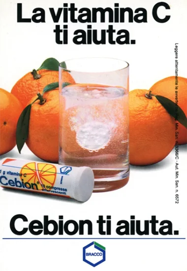 Una locandina con delle arance e Cebion, integratore di vitamina C, con scritto “Cebion, ti aiuta”.