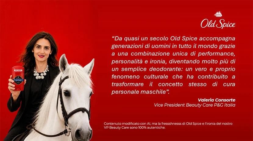 imagine modificata con l’AI, Valeria Consorte posa su un cavallo bianco e tiene in mano lo stick old spice “captain”. Sulla grafica c’è riportata una sua citazione.