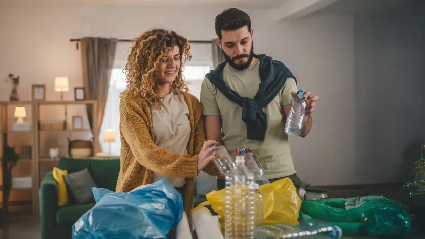 Una donna e un uomo in piedi che riciclano plastica e carta