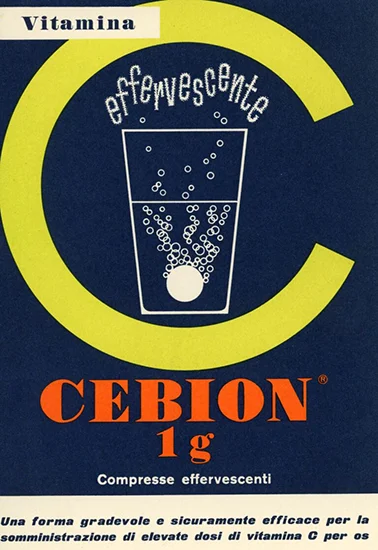 Una locandina di Cebion, integratore di vitamina C, in pastiglie effervescenti.